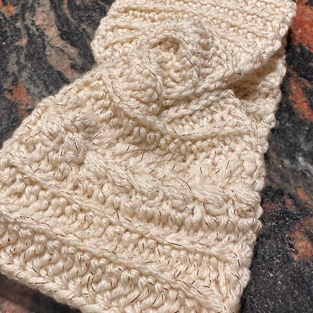 A customer's finished Crochet Cardigan, Mittens and Ear Warmer Pattern Bundle