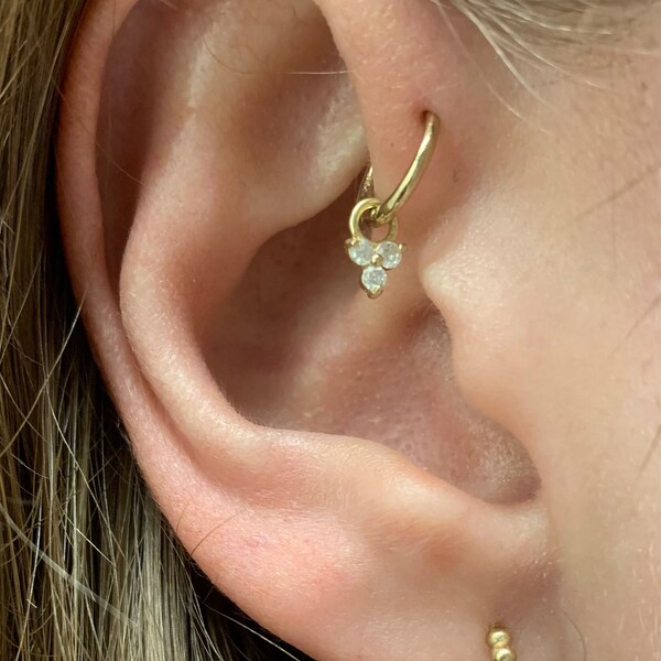 14K REAL Diamond Trinity Lotus Hoop Earring Charm Real Solid Gold ...