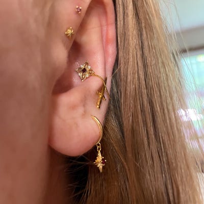 14K Solid Gold Moss Agate Round Rook, Jade Eyebrow Earring, Tiny ...