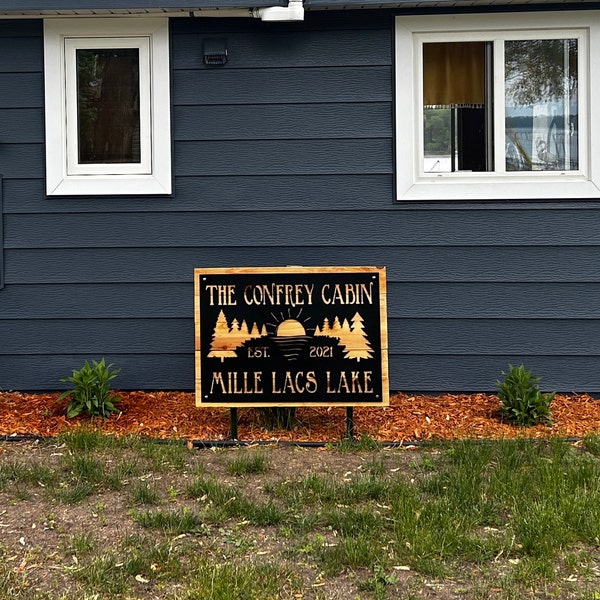 Custom Rustic Metal Lake Sign - Pine Trees - Sunset - Cabin - Lake ...