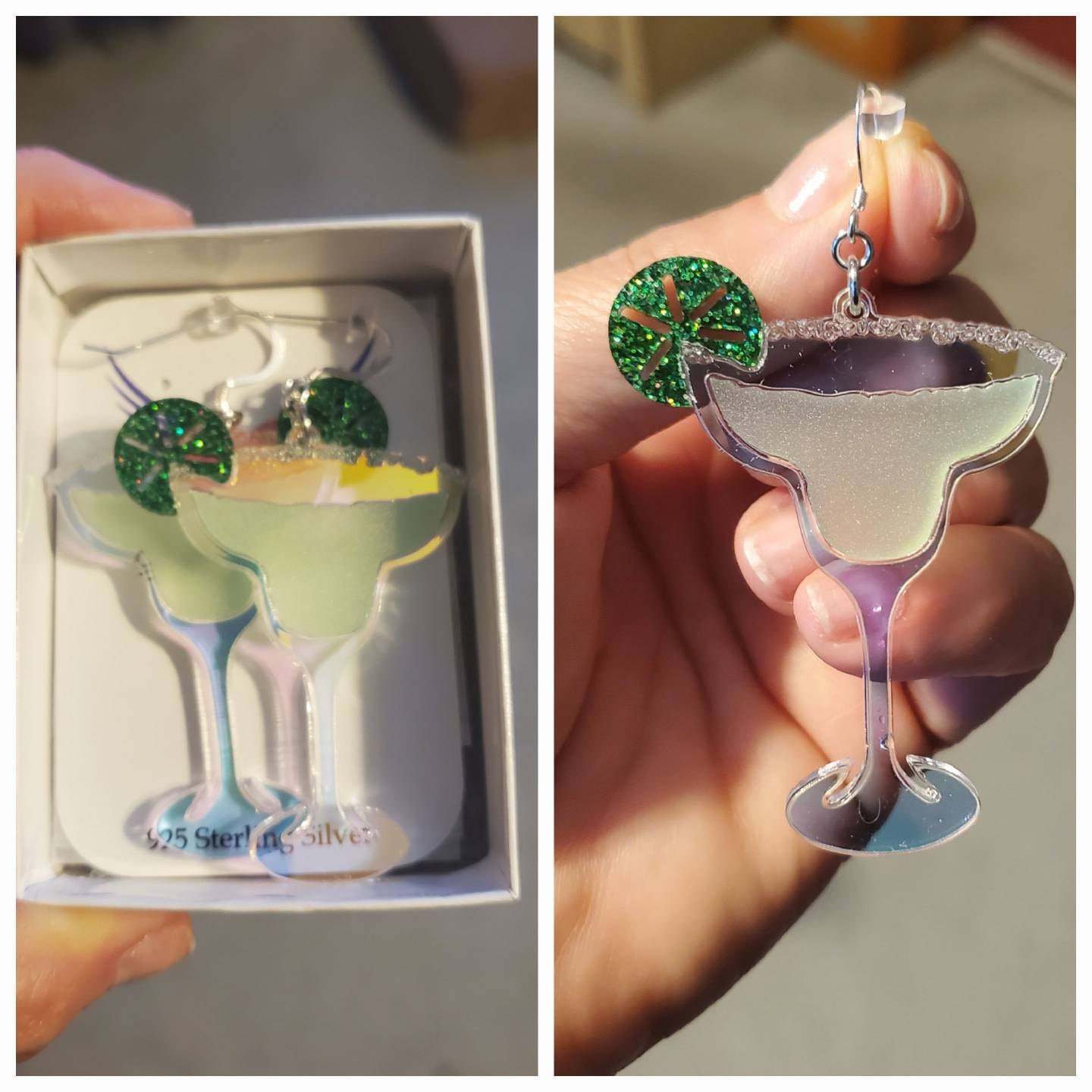 Iridescent Margaritas with Lime Acrylic Earrings, Food Cocktail Statement Earrings Pierced or Clip-on