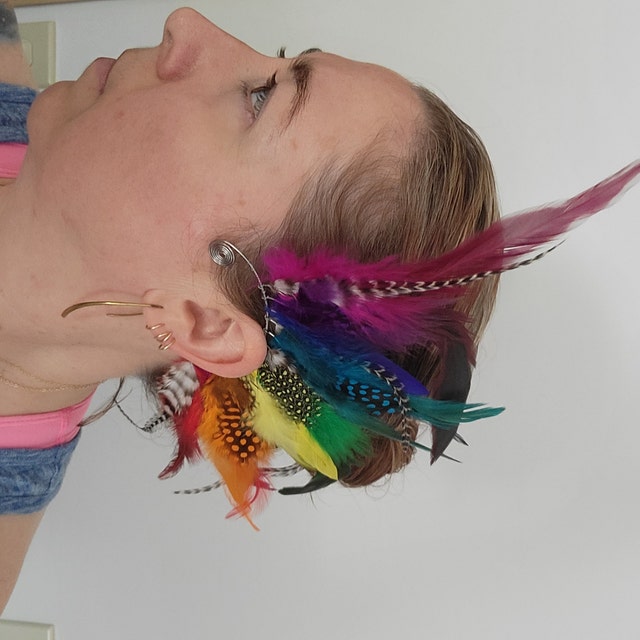 NEW! Rainbow Feather Ear Cuff OS Handmade Rainbow Feather Ear Cuff, Earring, Macaw Parrot  main image 2