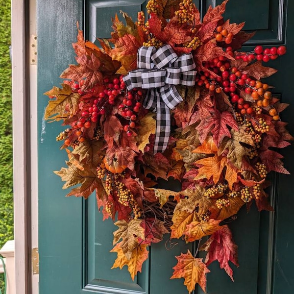 Fall Maple Leaves Wreath With Pumpkins, Front Door Wreath for Autumn ...