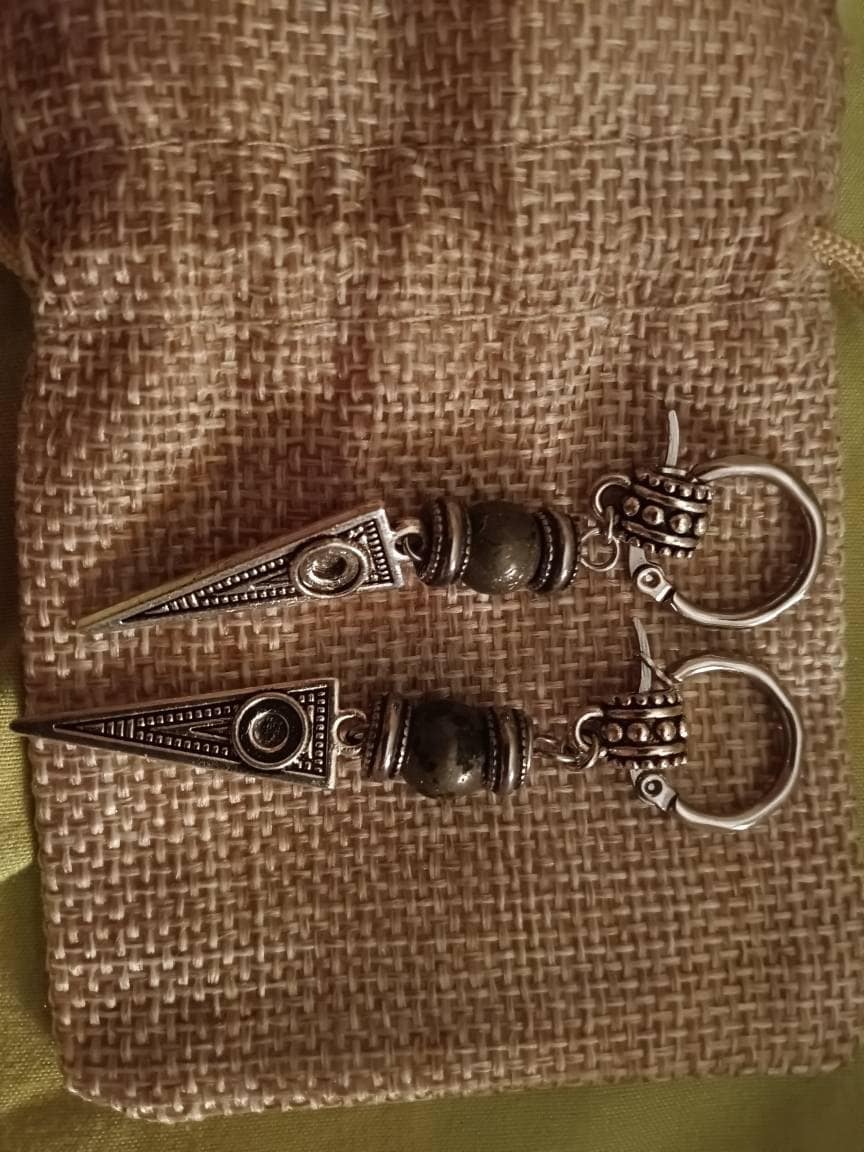 Long Dangle Triangle Gemstone Mens Earring- Stainless Steel Drop Earring For Men- Beaded Modern Pirate Hoop Earring- Silver Spike Earring