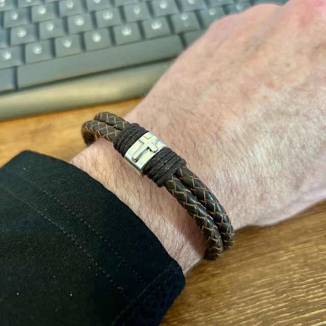 Men's Brown Leather Cross Bracelet - Braided Multi-Layer Leather Bracelet With Stainless Steel