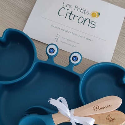 Ensemble Repas Enfant Personnalisé Avec Assiette à Ventouse Et Couverts En Bambou - Cadeau Baptême Naissance Beige