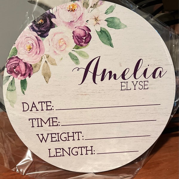Purple Floral Birth Stats Round Wood Baby Name Sign Wooden Personalized ...