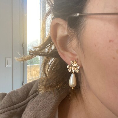 Boucles D'oreilles Pendantes Perle Fleur Mauve - Cadeau Romantique, Artisanales, Neuves