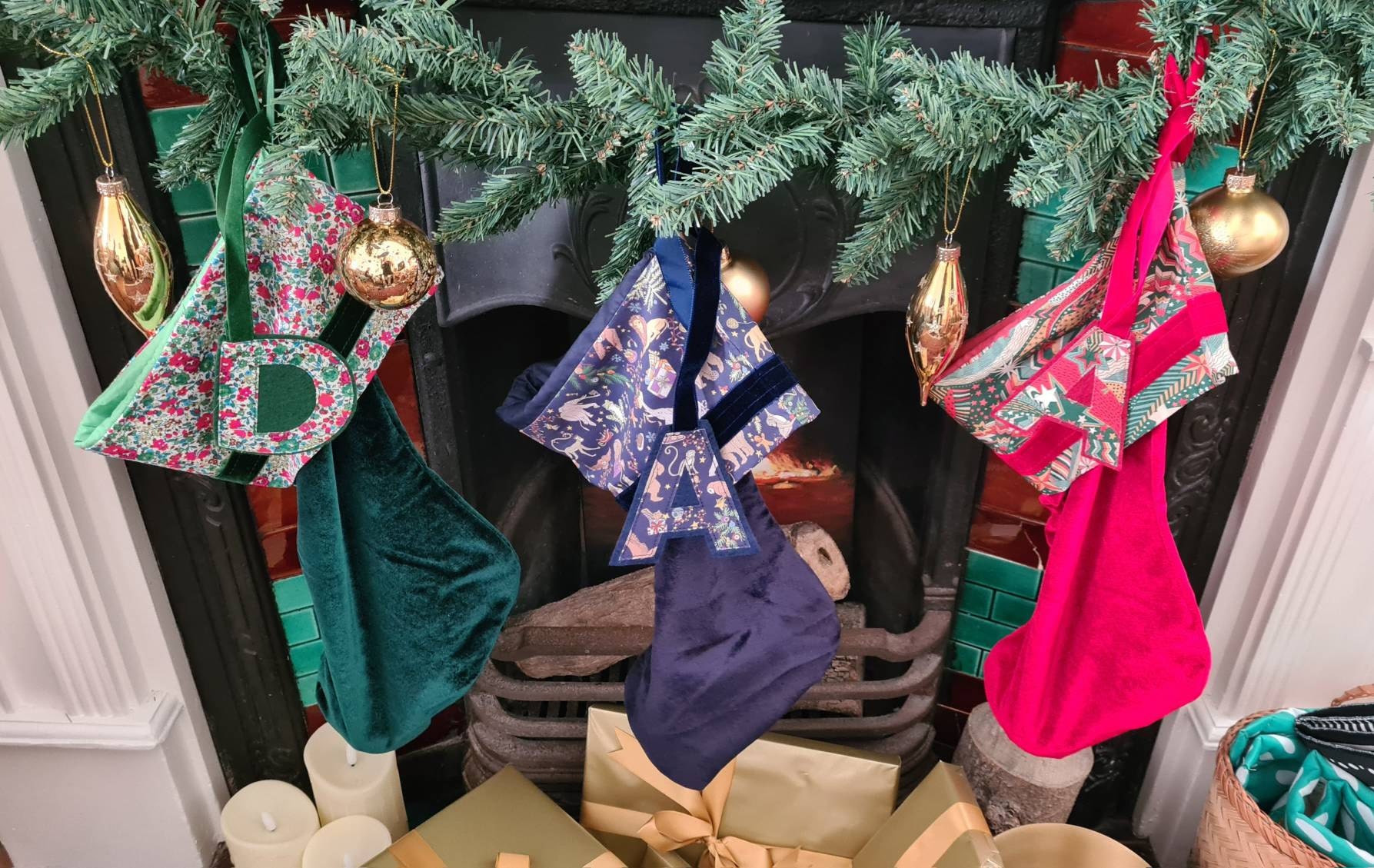 Liberty and velvet Christmas stocking with optional personalisation.