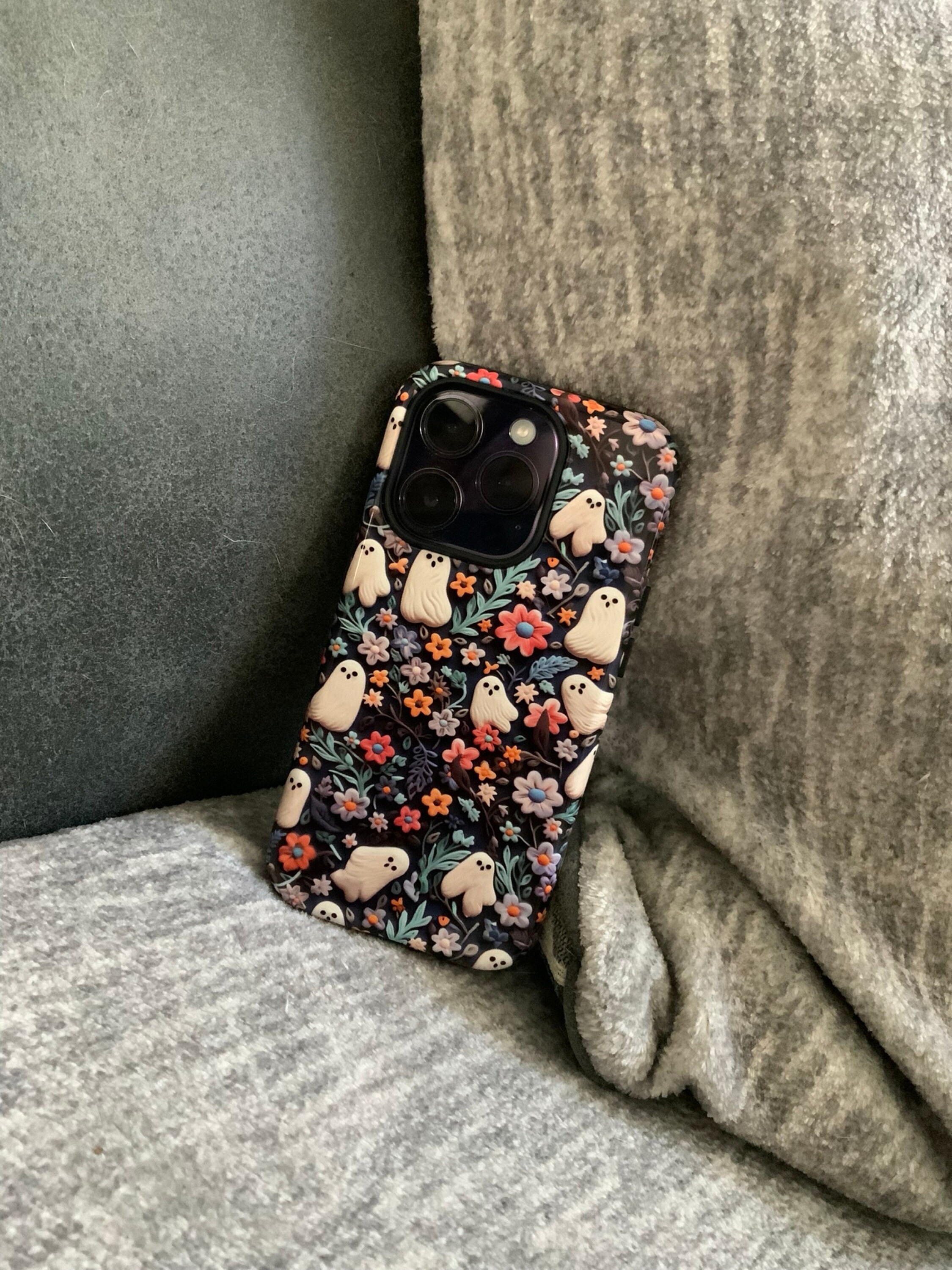 Ethereal Clay Effect Ghosts and Flowers Phone Case | Spooky Ghosts Floral Phone Case | Cute Halloween | MagSafe | iPhone | Pixel | Samsung