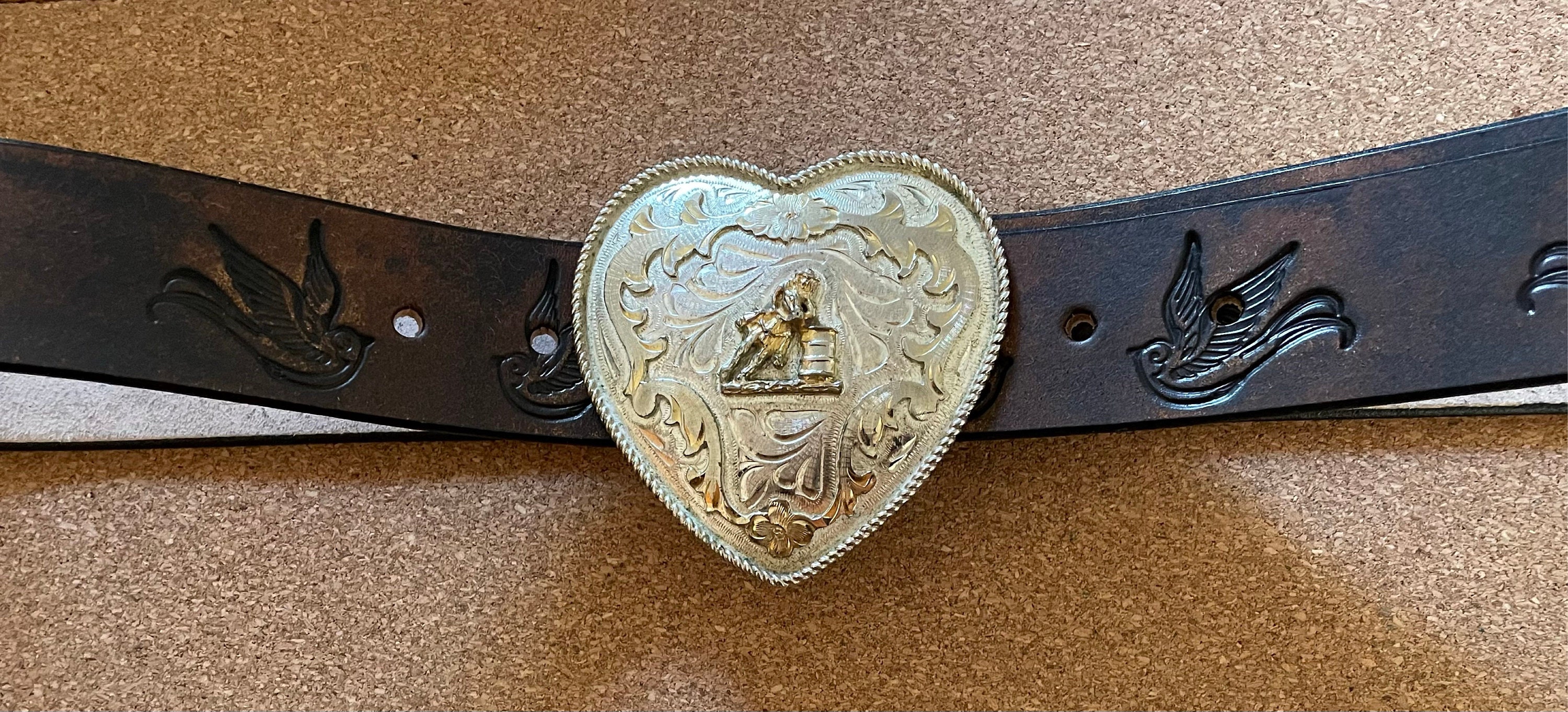 Leather Belt Sparrow Vintage Aged Leather belt - embossed sparrow snap belt  Handmade in USA Groomsmen Wedding Swallow Bird Tattoo Flash Art