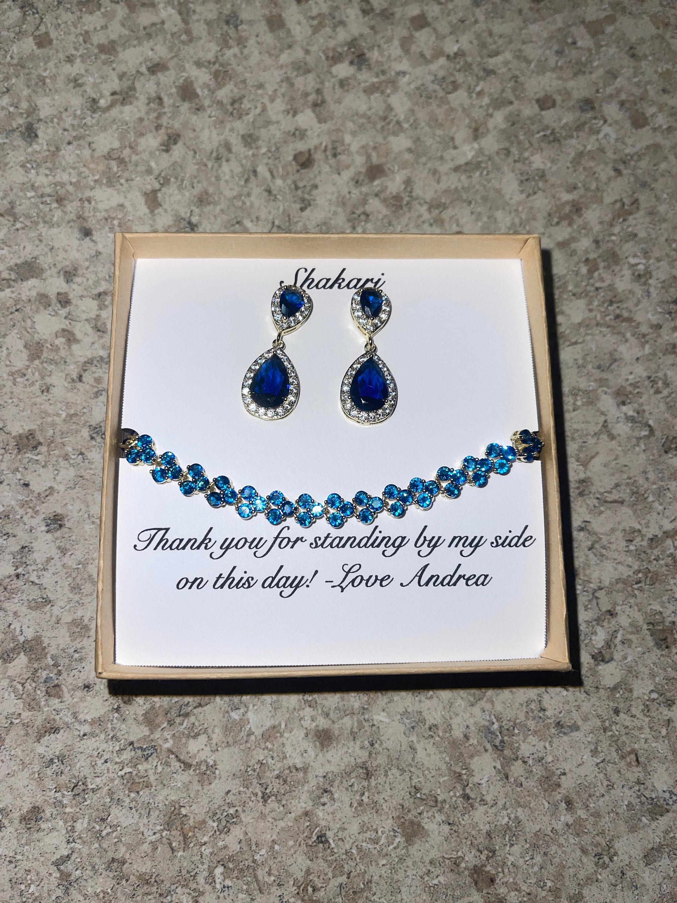 Bridal party bracelet earrings set Navy tear drop cubic zirconia earrings, Blue bridesmaid gift set, Navy blue earrings XY1