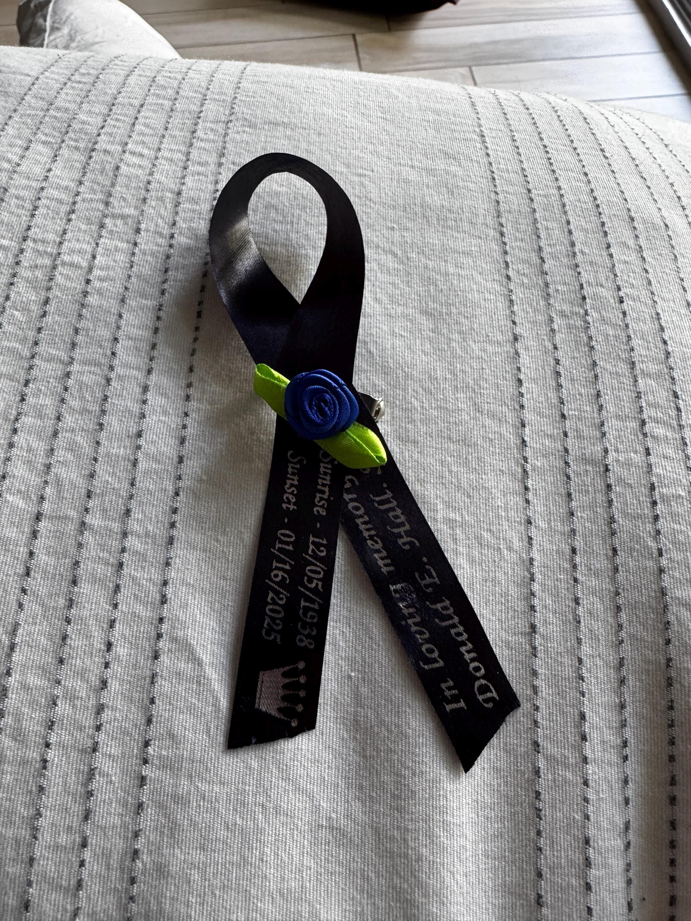 Personalized Memorial Ribbons with Pins for Funeral or Celebration of Life Assembled Fundraiser Awareness Ribbon - Rose Center Decoration