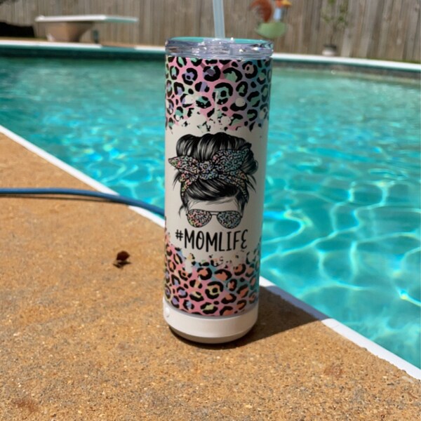 20 OZ Iridescent Leopard Mom Life Skinny Tumbler Design - Straight ...