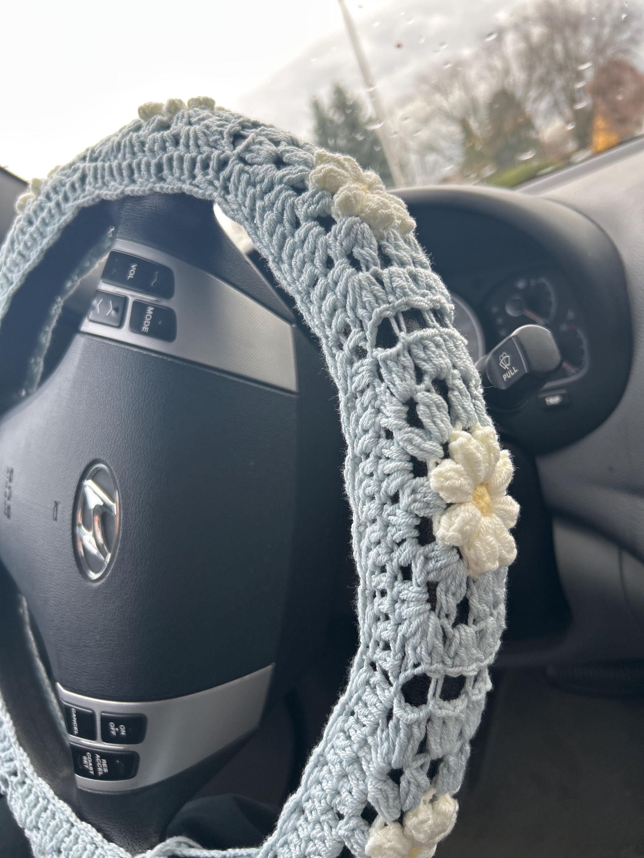 Lenkradhülle für Damen, Gehäkelte Daisy Blumen Sicherheitsgurthülle, AutoZubehör Dekoration