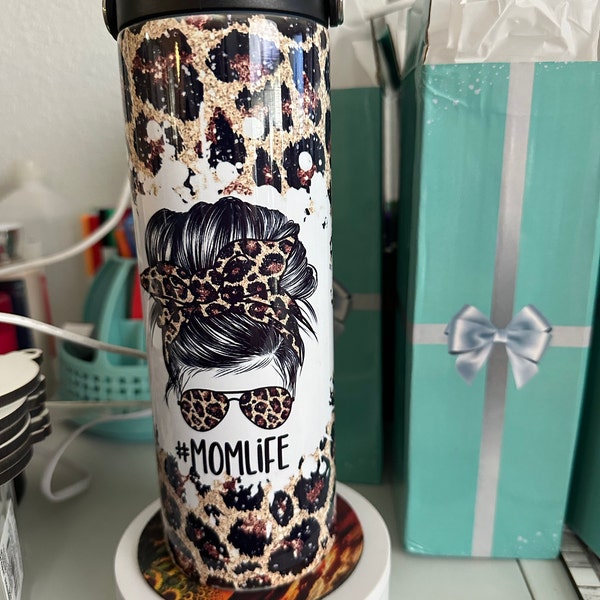 20 OZ Glitter Leopard Mom Life Messy Bun Sublimation Skinny Tumbler ...