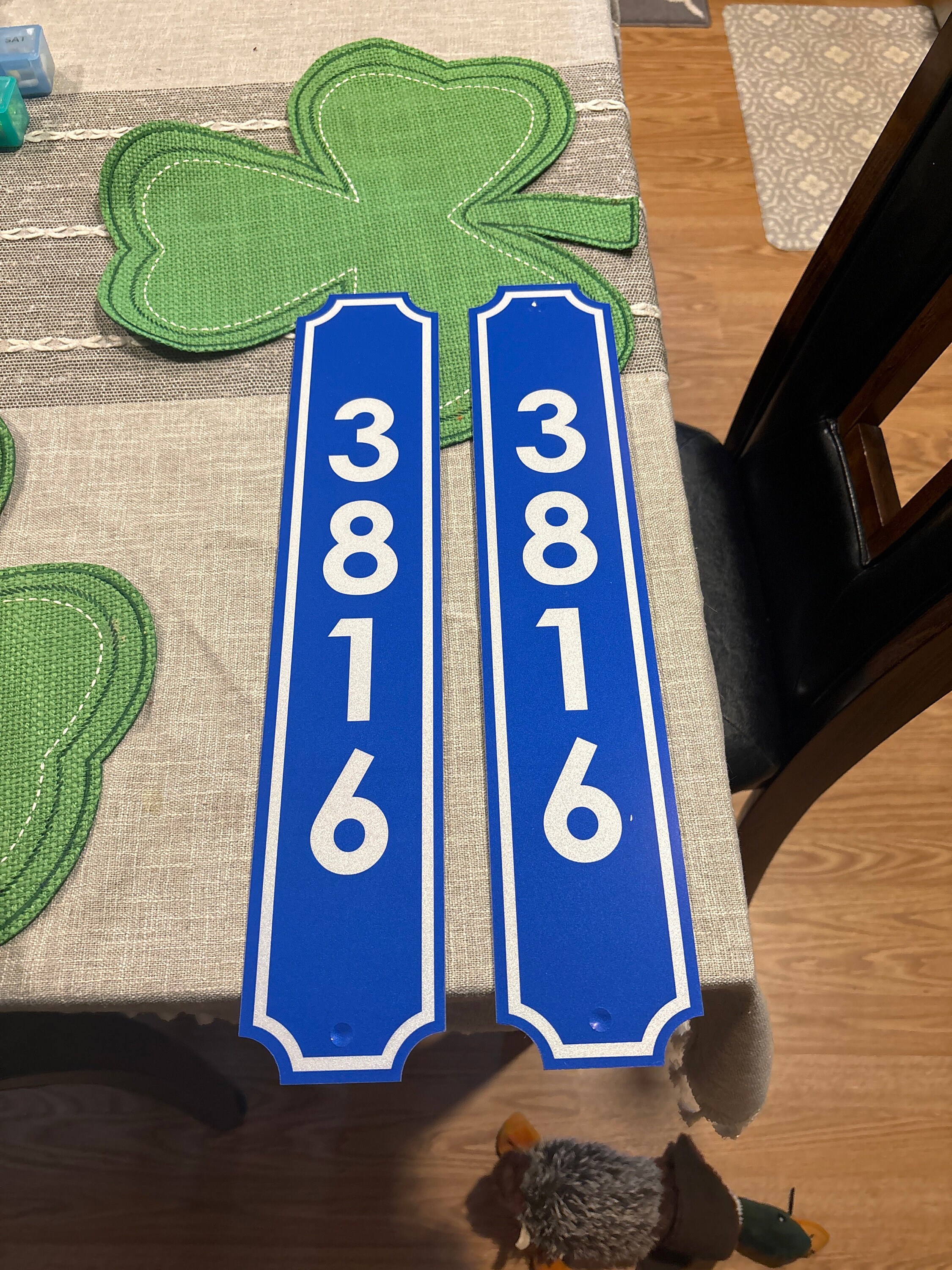 Pair of Aluminum Reflective House Numbers Address Signs for Mailbox Post and Street Address Display. Large, easy to read number plaques.