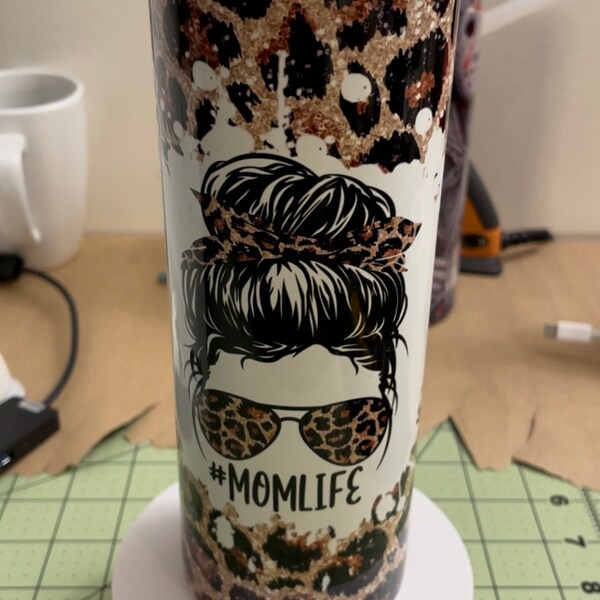 20 OZ Glitter Leopard Mom Life Messy Bun Skinny Tumbler Design ...