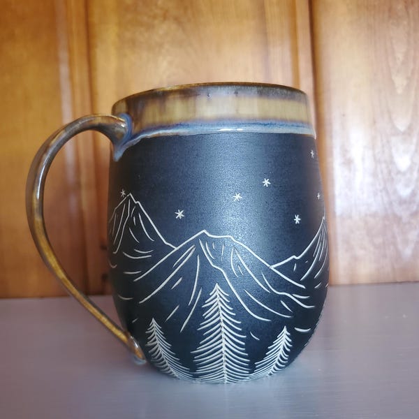 Handmade Carved Ceramic Mug Mountains Wheel Thrown Stoneware