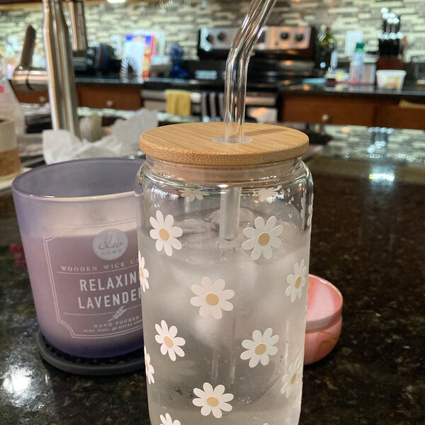 Daisy Iced Coffee Glass Cup | Spring Floral Glass Cup With Bamboo Lid ...