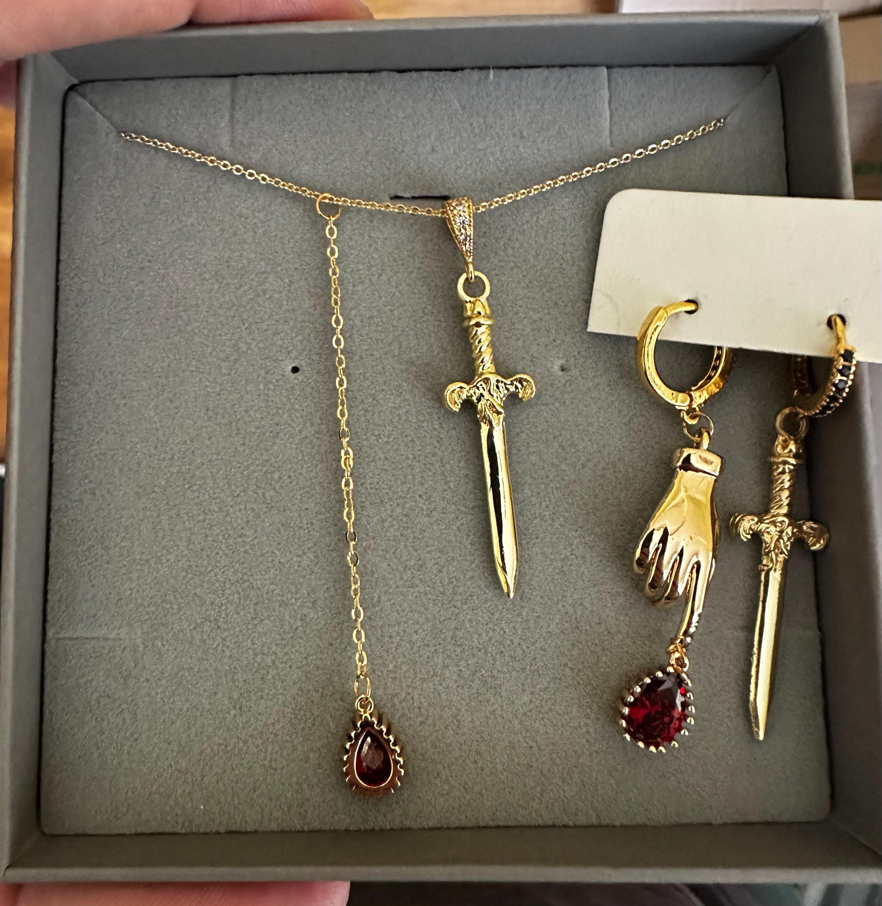 Sword and Blood Drop Necklace / Gold or Silver, Black Deep Red Teardrop Necklace