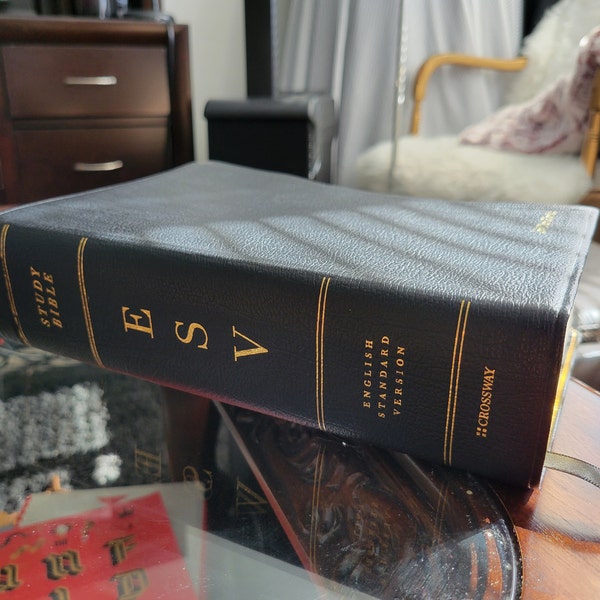 Personalized ESV Large Print Study Bible Thumb Indexed Black Genuine