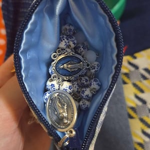 Hand-Sewn Blue Floral Rosary Pouch with Marian Zipper Pull | Catholic Rosary Pouch | Rosary Case | Coin Purse