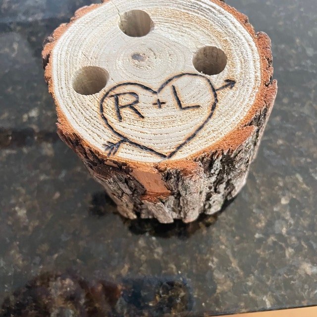 Rustic Tree Stump Pen Holder - Hand Engraved Wedding Guest Book Pen Stand With Personalization