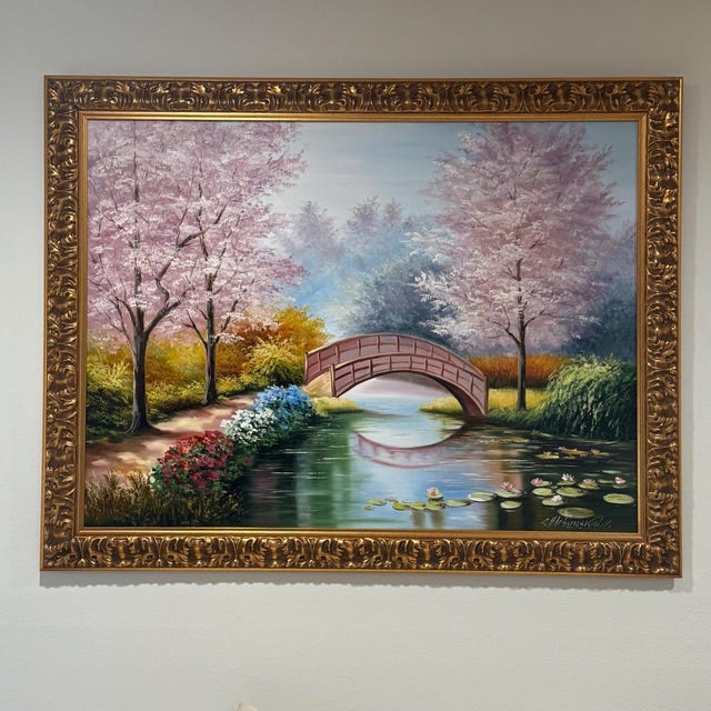 モネの睡蓮の油絵 オリジナル桜アート 日本庭園の絵画 睡蓮の池に