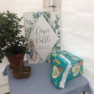 Peter Rabbit Diaper Raffle Sign Diaper Raffle Sign // Peter Rabbit Baby Shower, Bunny Rabbit, Greenery ...