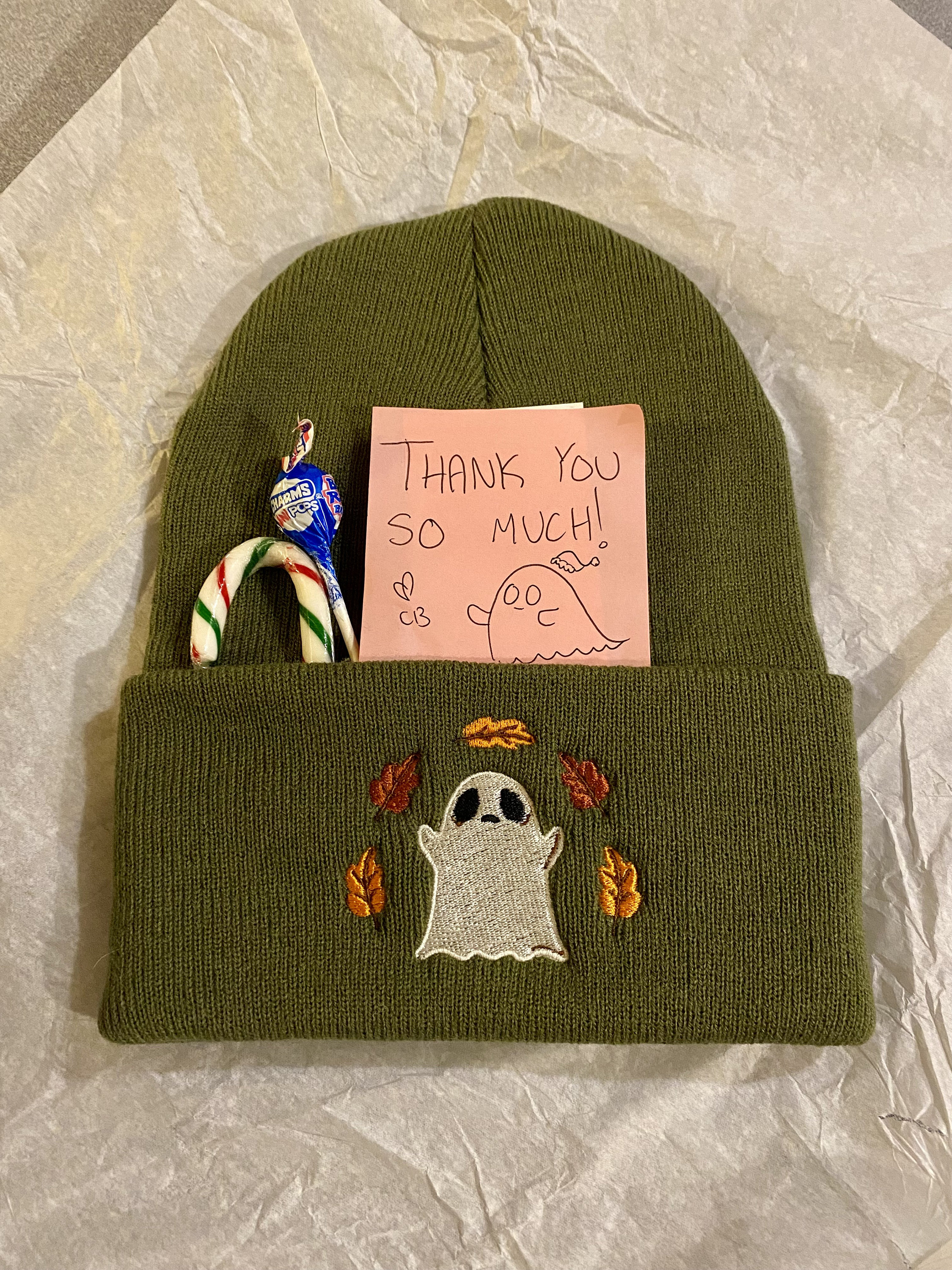 Ghost Embroidered Knit Beanie in Green, Black or Brown
