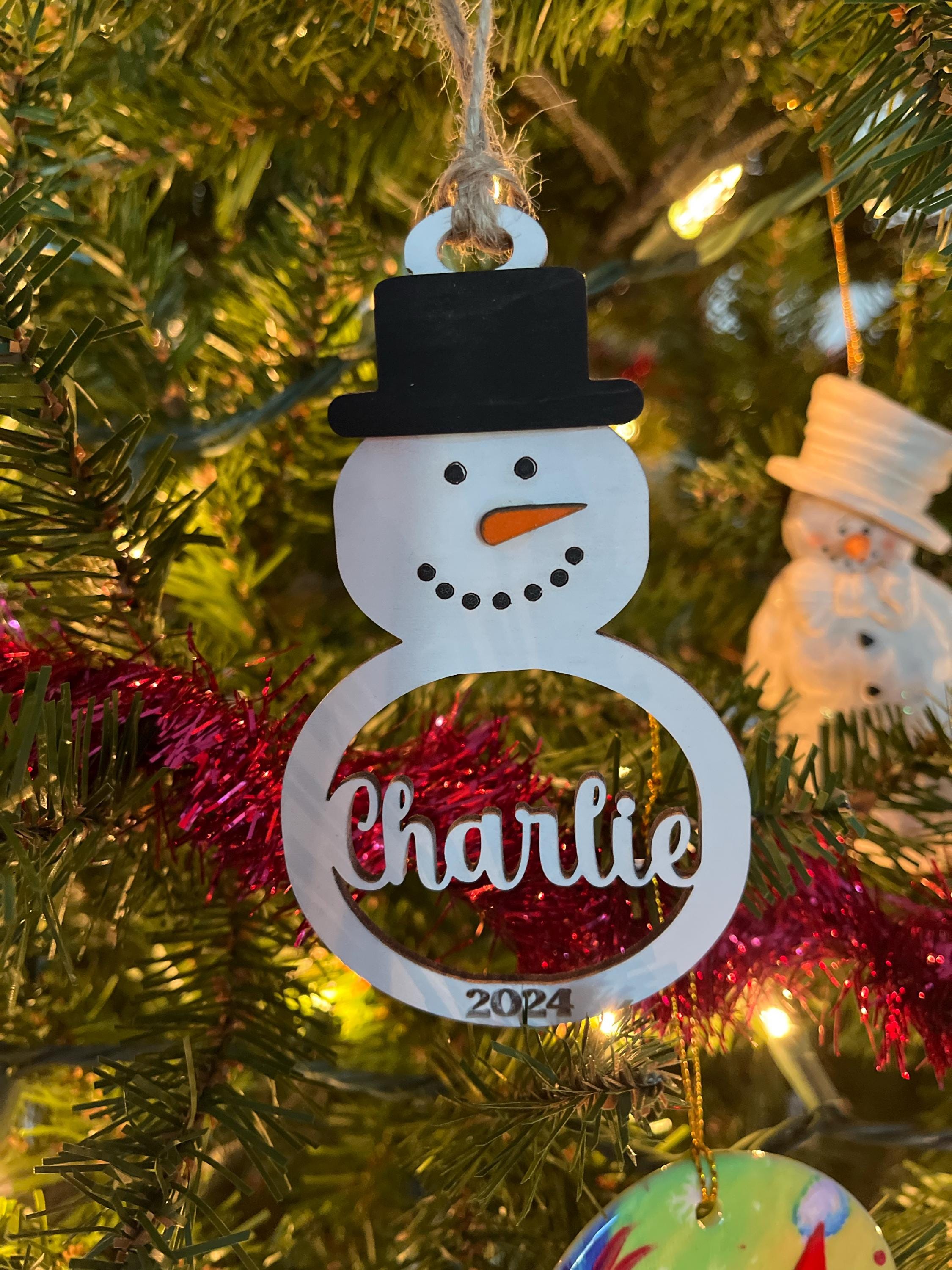 Personalized Snowman Christmas Ornament: Laser Cut Wood Holiday Bauble