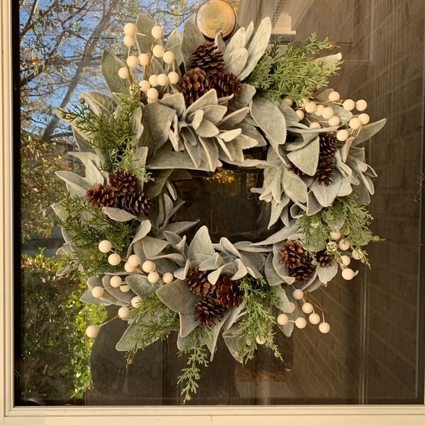 Winter Lambs Ear Wreath With White Berries, Christmas Wreath, Farmhouse ...