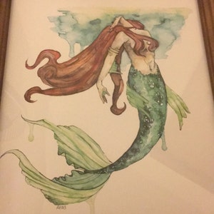 人魚の絵画、水彩画、人魚のプリント、人魚のしっぽ、人魚の