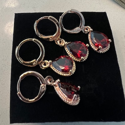 Garnet Teardrop Gemstone Huggie Dangle Earrings, Small Red Gemstone ...