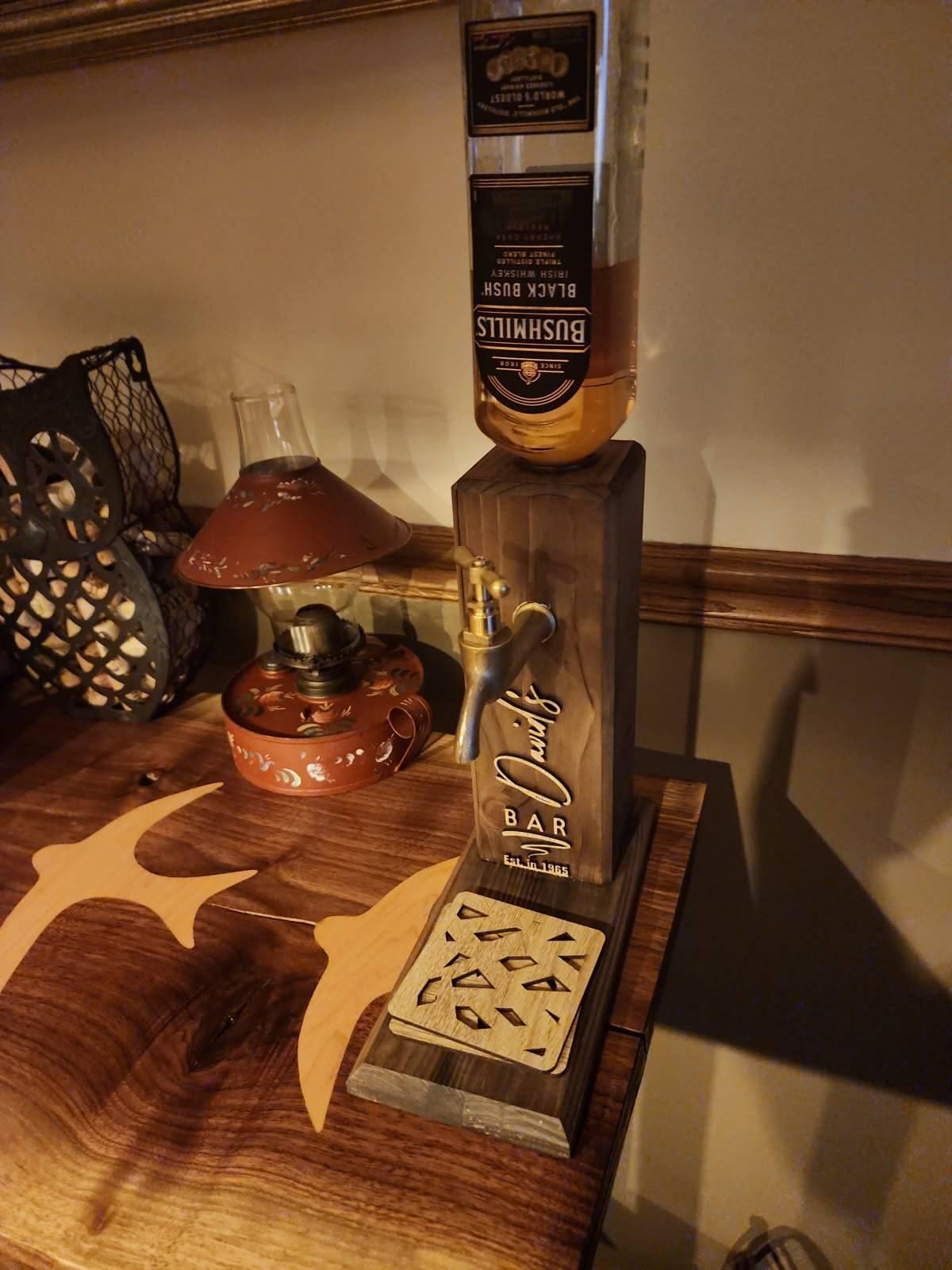 Personalized Embossed Named Wooden Whiskey Dispenser and Wood Coasters Set, Bar, Pub, Wine, Vodka, Liquor Dispenser, Wood Whiskey Fountain