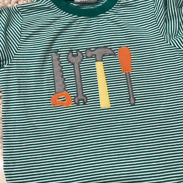 Claire & Charlie Boys Tan Striped Shirt - Applique Tools
