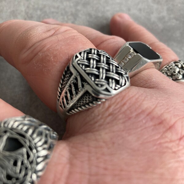Mens Handmade Silver Ring, Pattern Detailed Ring, Turkish Handmade ...