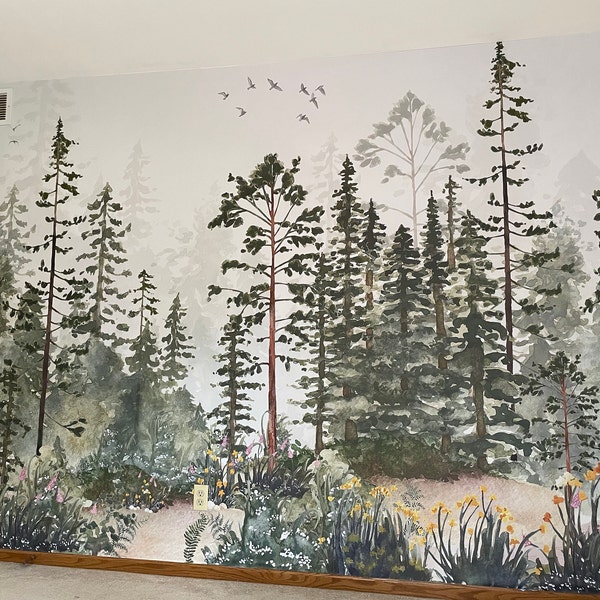 Woodland Watercolor Peel and Stick Wall Mural Fairy Pine Tree Kids ...