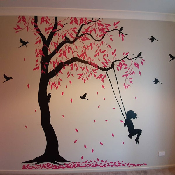 Tree Decal With Swings and Birds Large Nursery Tree Vinyl Wall Art Wall ...