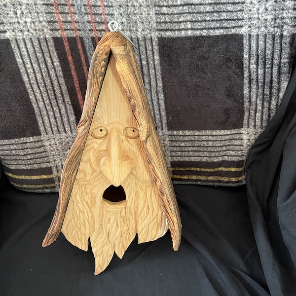 Hand Carved Wood Spirit Old Man Face Cedar Birdhouse Happy - Etsy