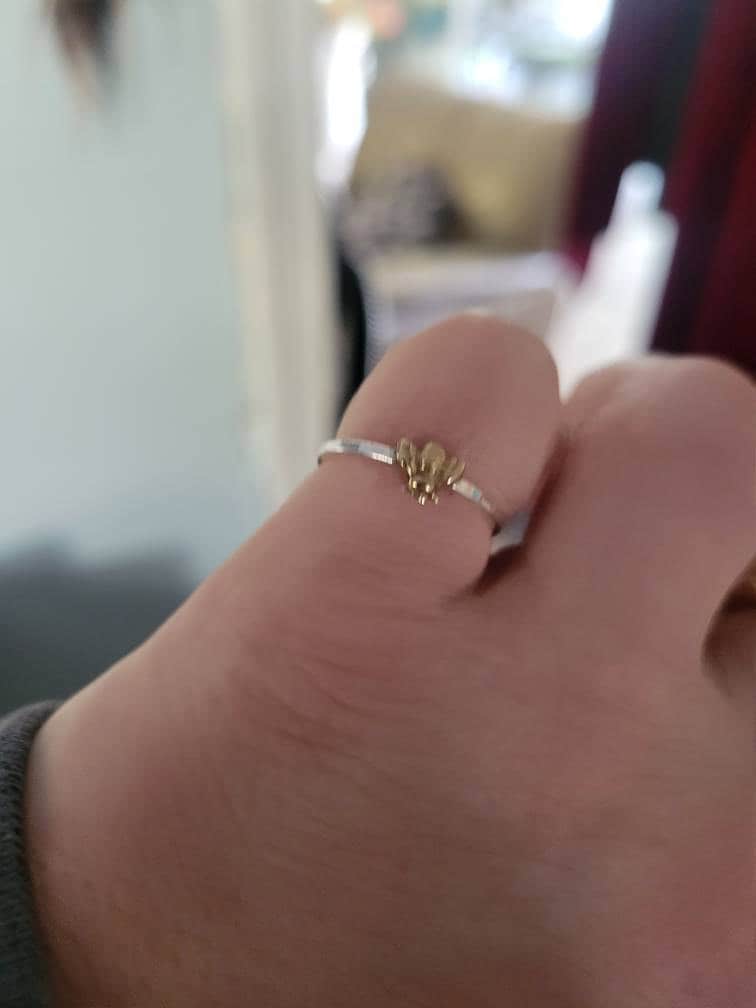 Simple tiny sterling silver bee ring, silver and gold brass stacking ring, hammered band ring, gift for women