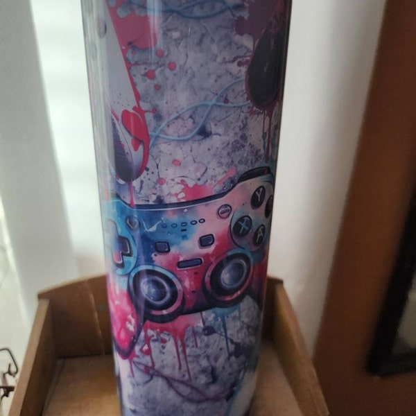 Gamer 20oz Skinny Tumbler Sublimation Design Neon Video Game Controller ...