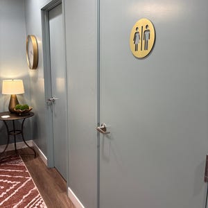 Restroom door sign metal. Unisex bathroom sign gold. All Gender restroom. Male and Fimale toilet. Modern office signage.