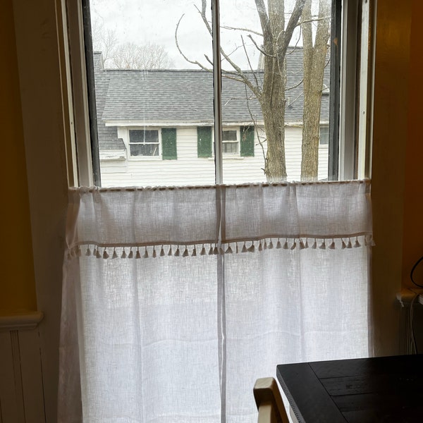 Boho Curtains|white Linen Bohemian Curtains With WHITE Tassels|kitchen Curtains|1 Panel - Etsy