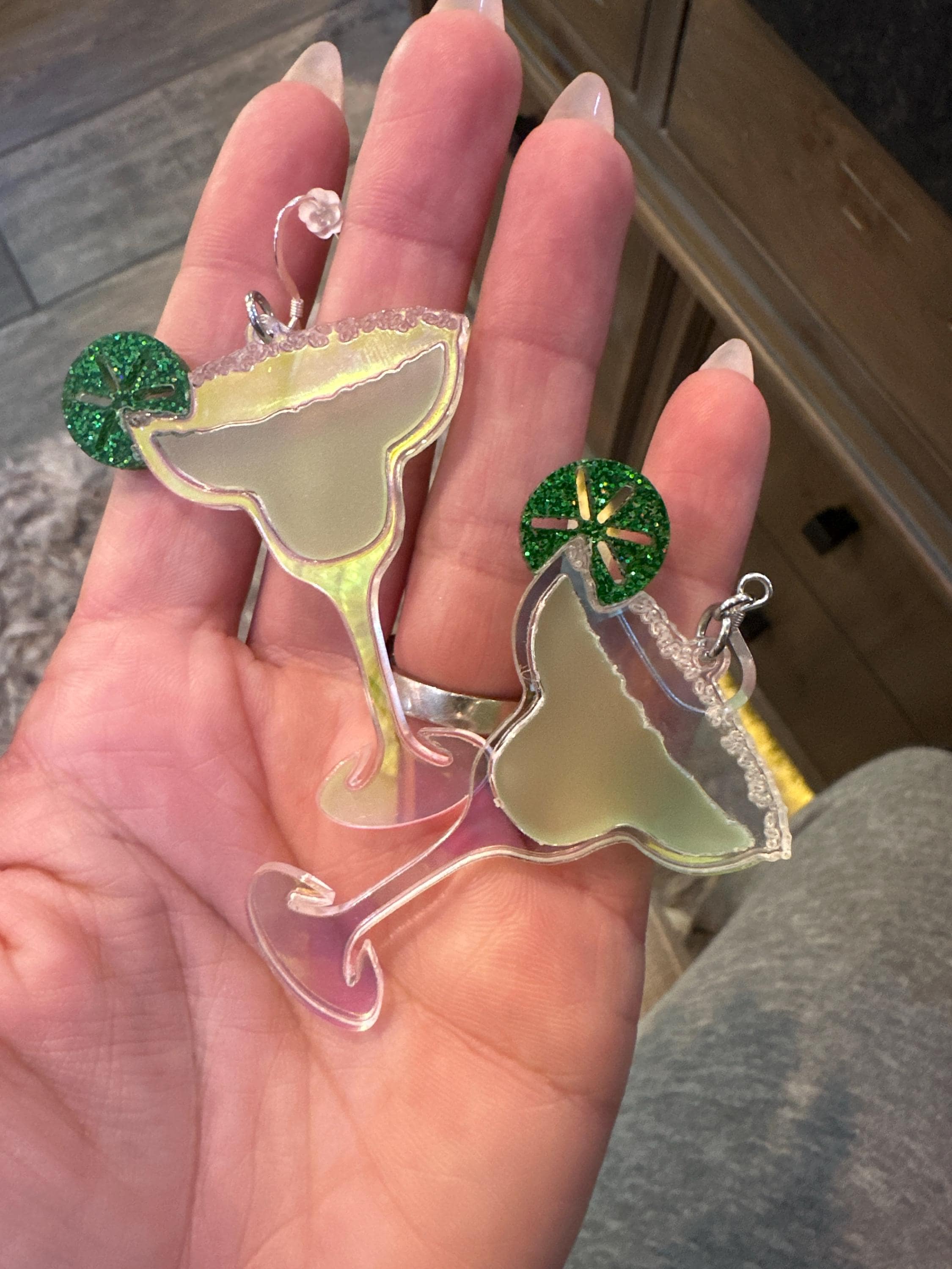 Iridescent Margaritas with Lime Acrylic Earrings, Food Cocktail Statement Earrings Pierced or Clip-on