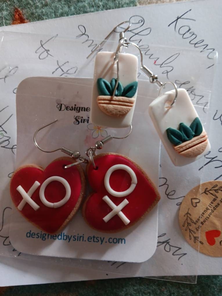 Valentines Day Earrings Polymer Clay Earrings Red pink Heart Cookie Love Earrings Light Weight Fish Hook Wires Sweater Mason Jar Earrings