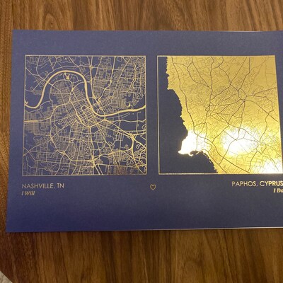 A4 Any Two Locations Metallic Map Print, Custom Multi Location Foil Map Personalised Print in ...