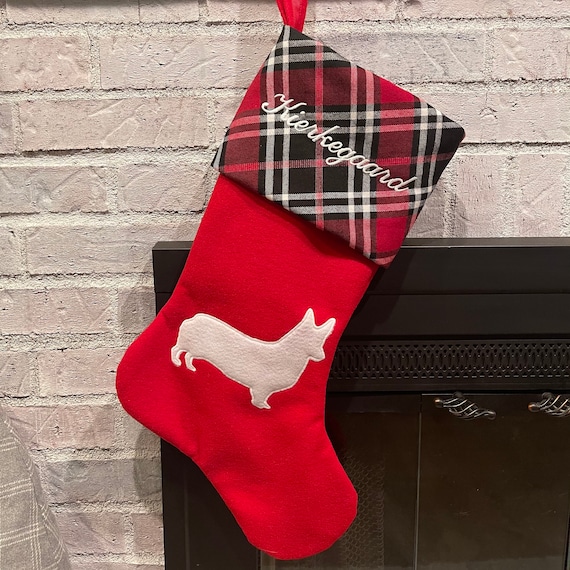 Customer photo of a pet with the Corgi Christmas Stocking with Corgi Applique
