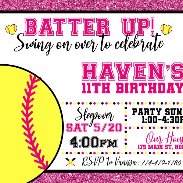 Softball Birthday Party Invitation Softball Invitation Softball ...
